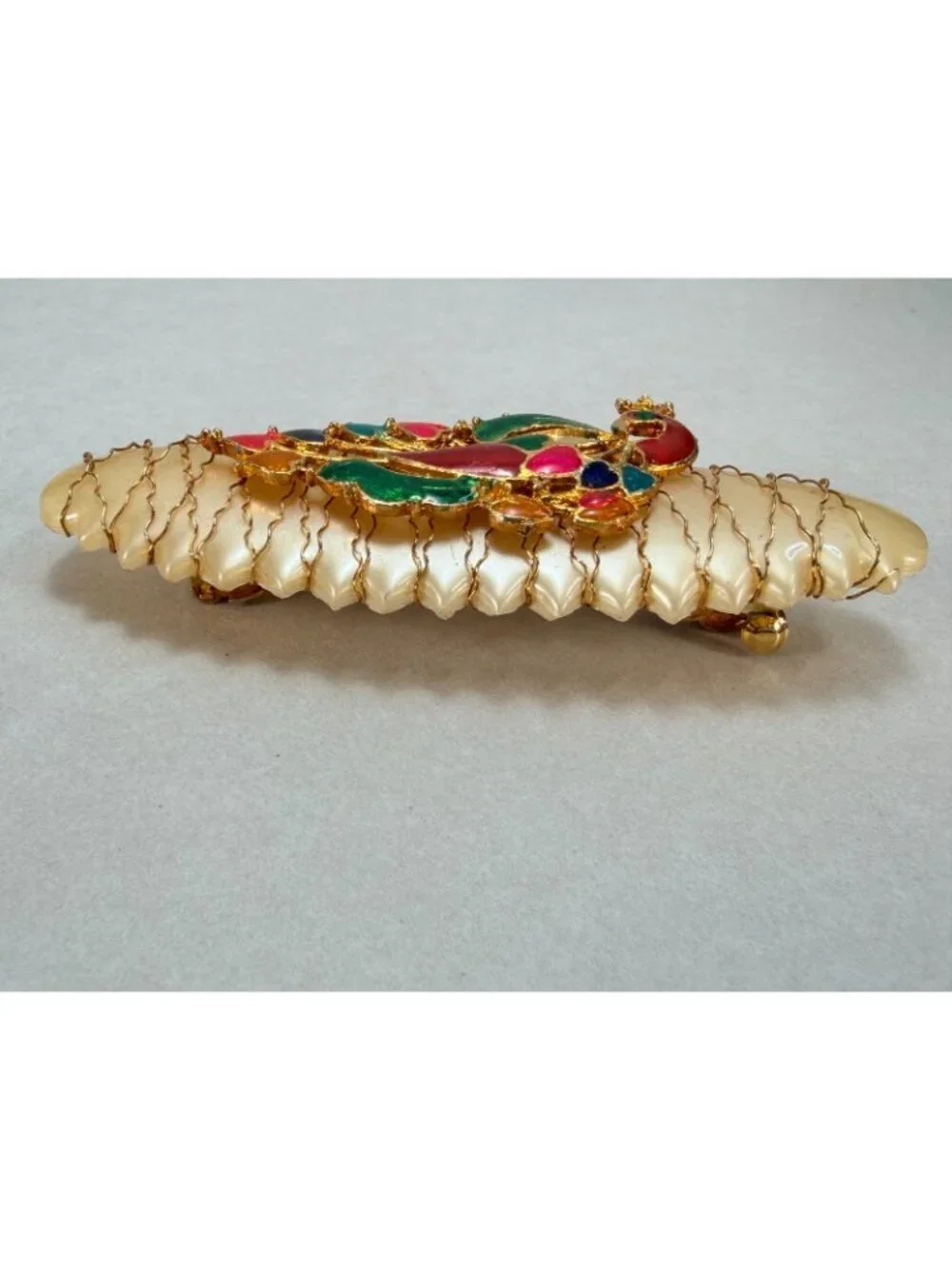 Vintage Peacock Hair Barrette Enamel Gold Tone Clip Hair Accessories